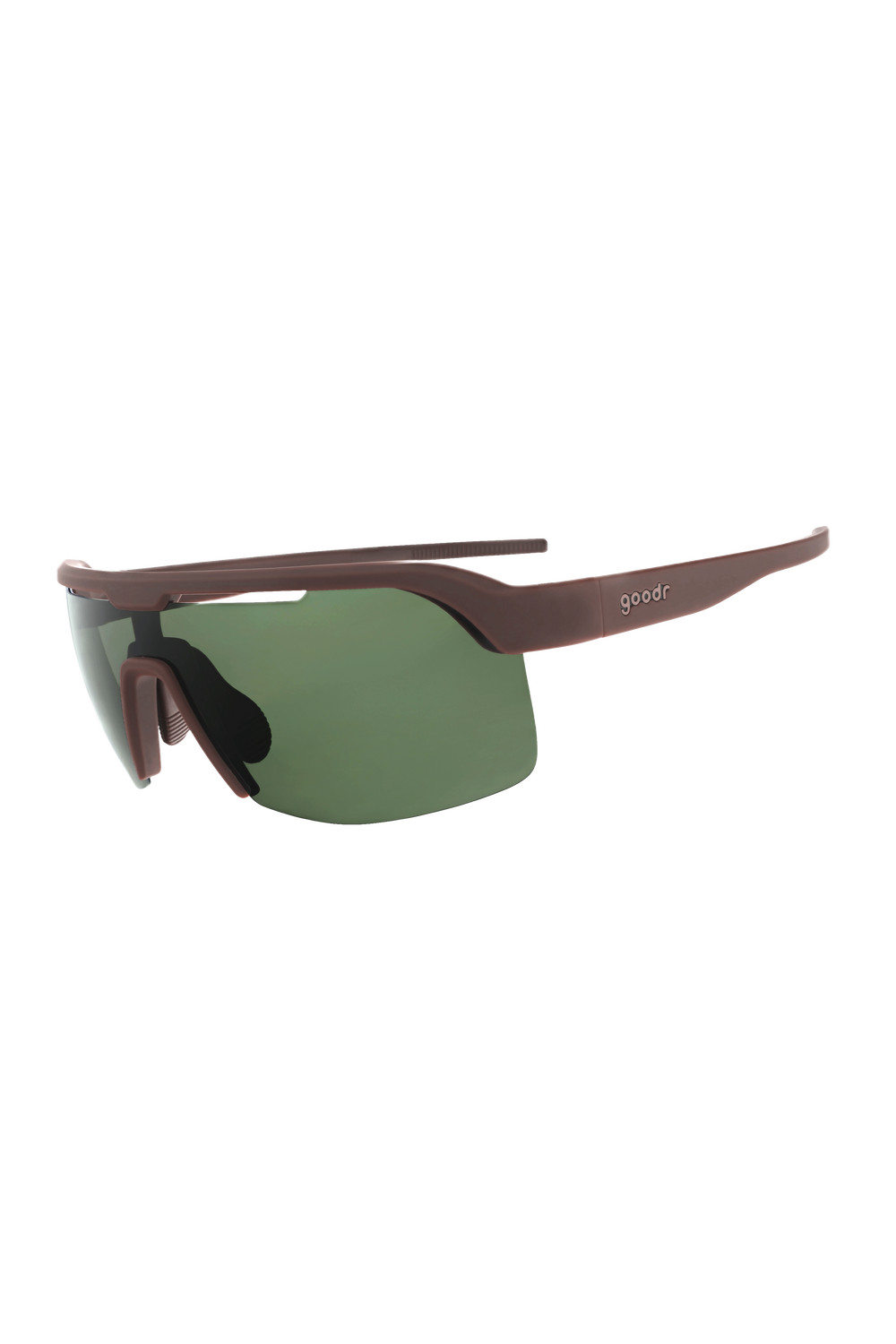 Óculos de sol SPORTBR Goodr Darkwood Coffee Ritual visto de lado, armação marrom e lentes verdes polarizadas, modelo Bolt G.
