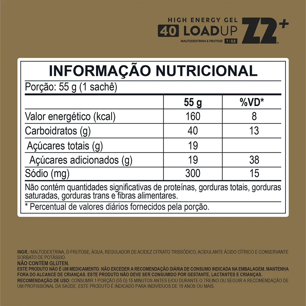 Sachê Energy Gel Z2 LoadUp 40 CARB 300mg Sódio - Sabor Neutro 55g