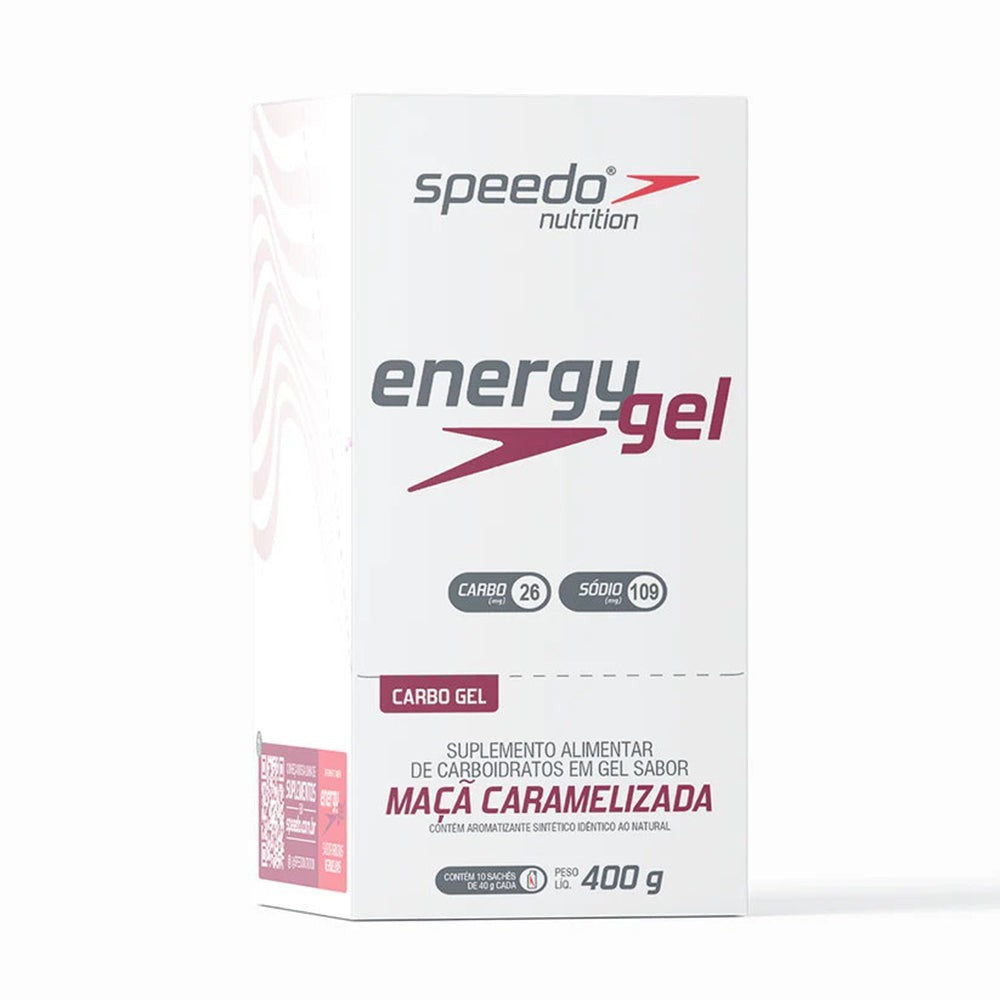 Caixa com 10 sachês de Energy Gel Speedo PWRD Z2 sabor Maçã Caramelizada, com 26g de carboidrato e 109mg de sódio.