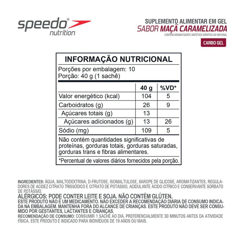 Sachê Energy Gel Speedo PWRD Z2 sabor Maçã Caramelizada, com informações nutricionais e ingredientes. Ideal para atletas.