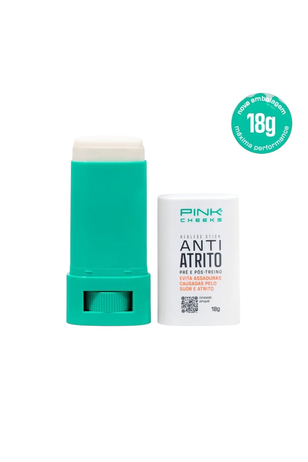 Bastão antiassaduras SPORTBR Pink Cheeks Redless 18g, embalagem verde e branca para proteção contra atrito em esportes.