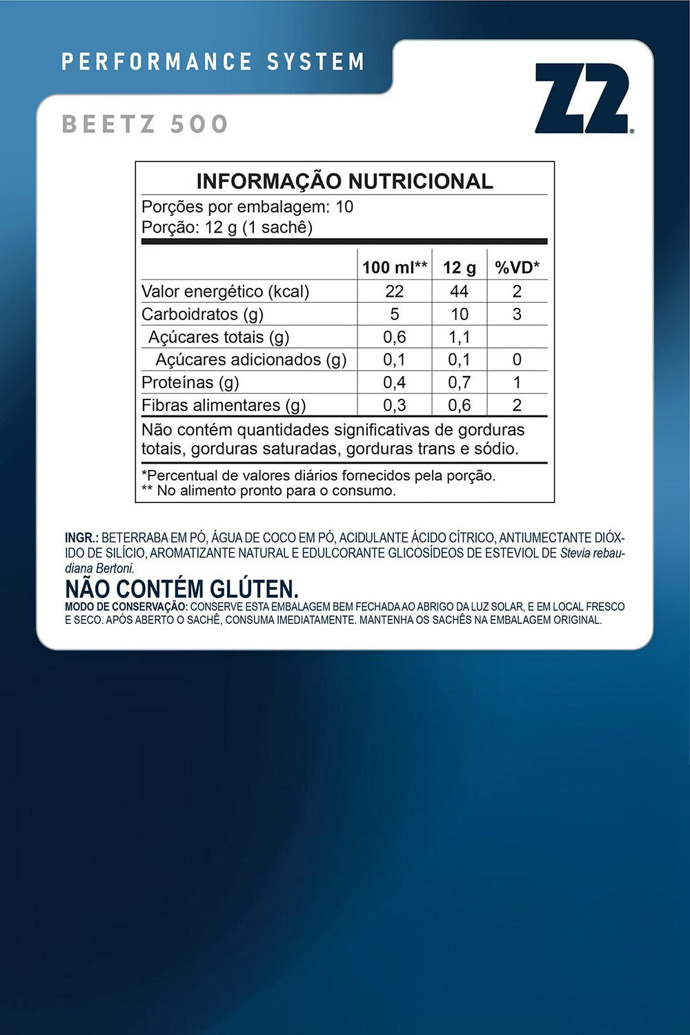 Tabela nutricional do suplemento SPORTBR Beetz 500 Z2 com 10 sachês de nitrato sabor beterraba e limão