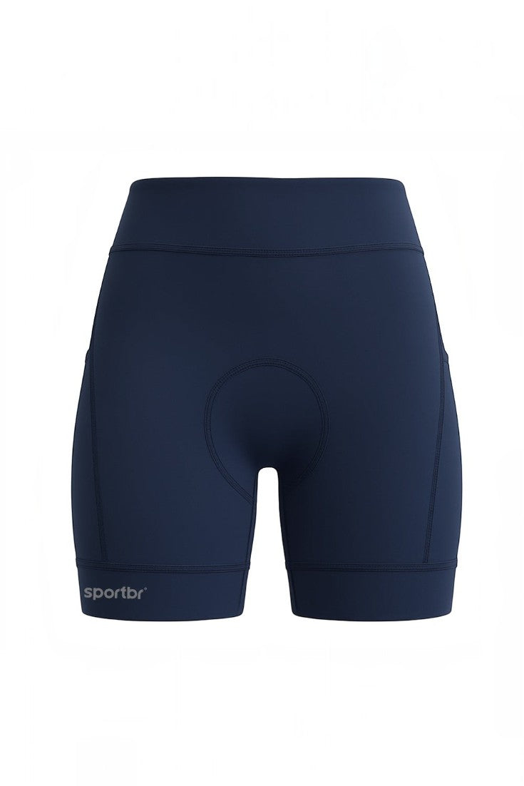 Bermuda de compressão feminina azul marinho SPORTBR com bolsos laterais e cós alto para corrida.