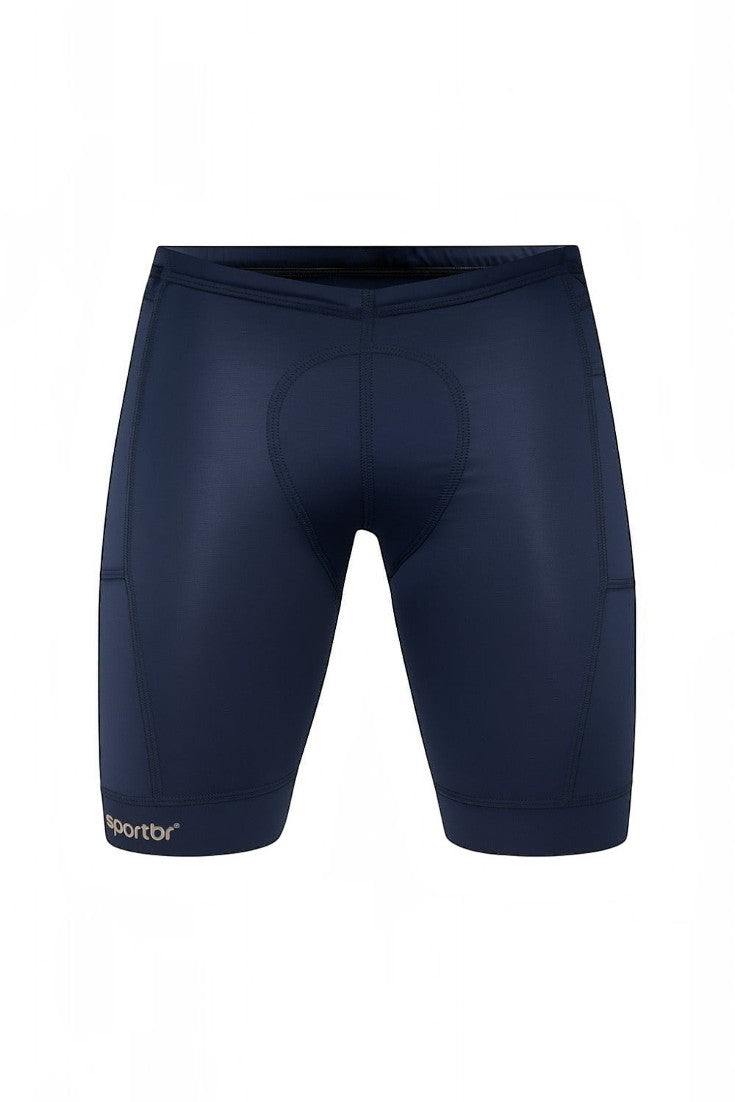 Bermuda de compressão masculina SPORTBR azul marinho com bolsos laterais para corrida e tecido técnico de poliamida
