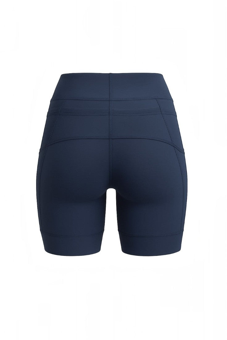 Bermuda de compressão feminina SPORTBR azul marinho com bolsos traseiros, vista traseira, tecido técnico de alta performance.