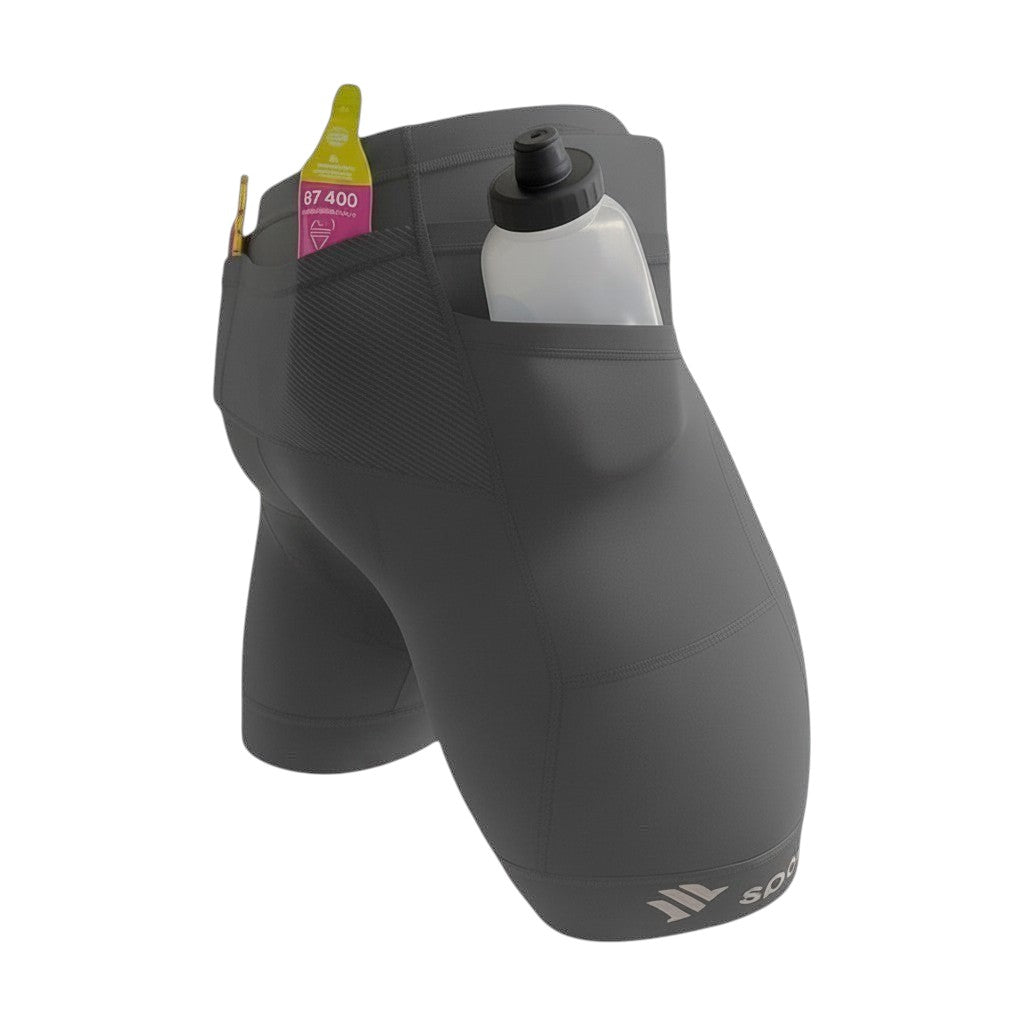 Bermuda de compressão masculina cinza SPORTBR com 6 bolsos para corrida e treino, feita de poliamida e elastano com proteção UV 50+.