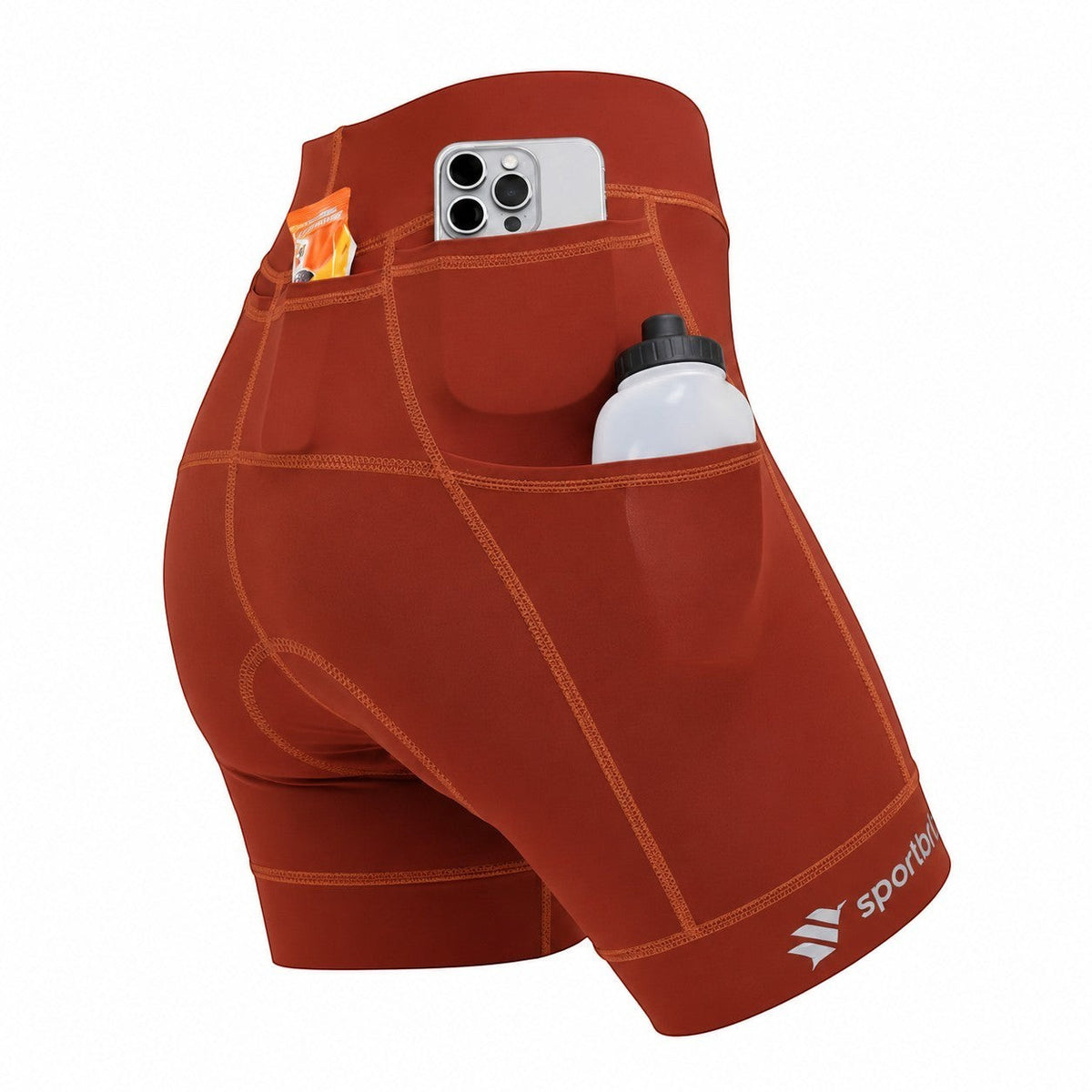Bermuda de compressão feminina SPORTBR terra cota com 6 bolsos para corrida, celular e garrafa.