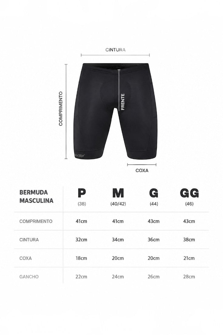 Bermuda de compressão masculina preta SPORTBR com indicação de medidas de comprimento, cintura e coxa para corrida.