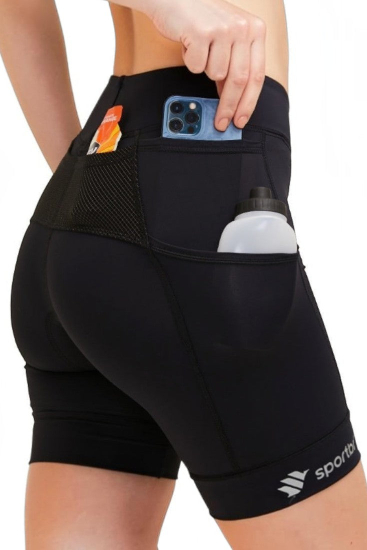 Bermuda de compressão preta SPORTBR com 6 bolsos funcionais para celular e acessórios, ideal para corrida.