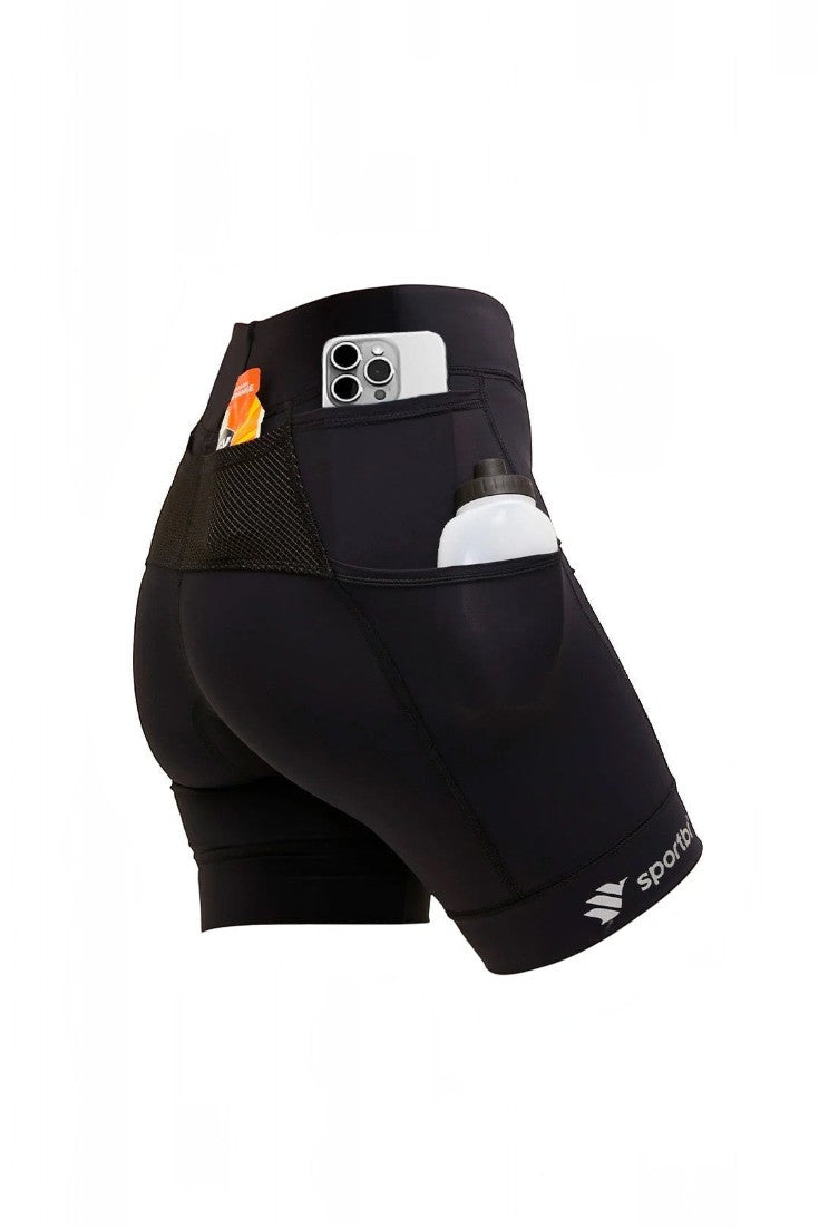 Bermuda de compressão preta SPORTBR com 6 bolsos funcionais para celular e acessórios, ideal para corrida.