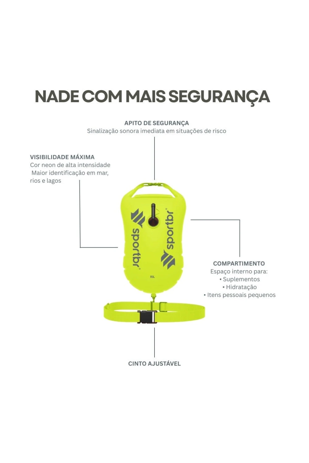 Bóia de sinalização SPORTBR amarela de 15L para natação em águas abertas com cinto ajustável e apito de segurança