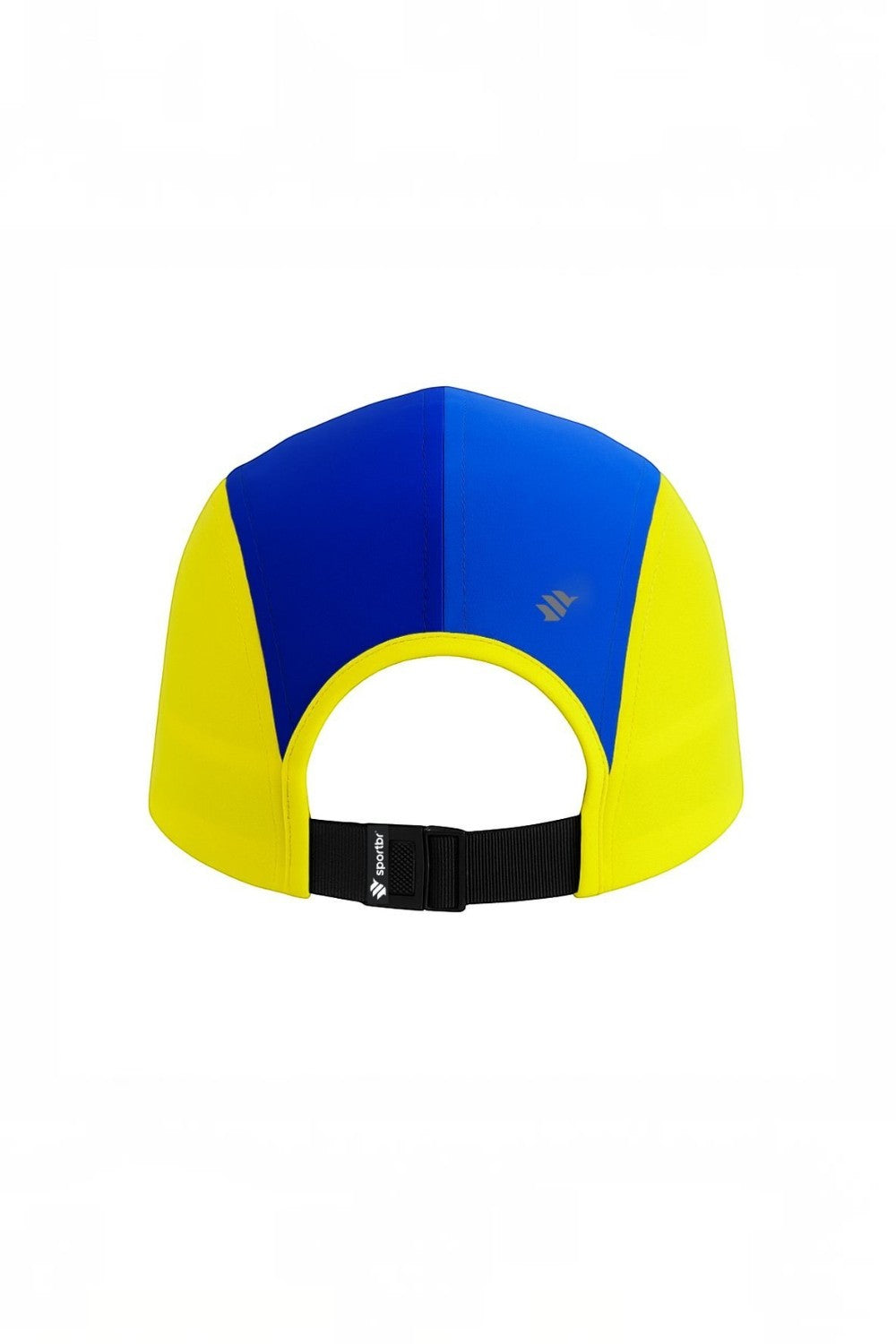 Boné de corrida SPORTBR azul e amarelo com ajuste traseiro, tecido leve e respirável para performance esportiva.