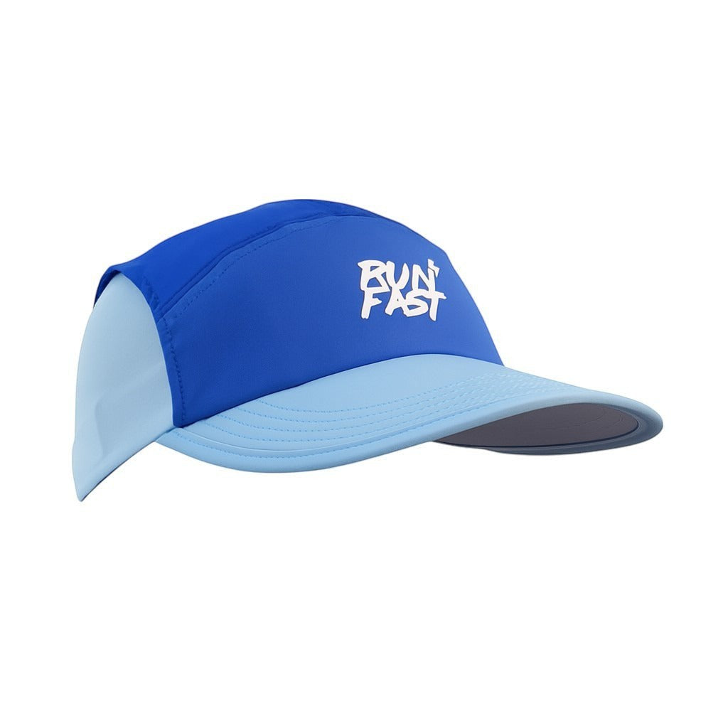 Boné de corrida azul e azul claro da SPORTBR com logo branco "RUN FAST". Leve e respirável.
