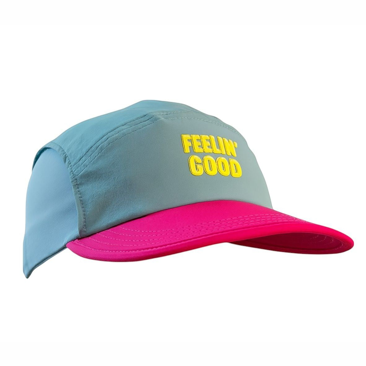 Boné de corrida SPORTBR azul claro e rosa com texto amarelo "FEELIN' GOOD". Leve e respirável.
