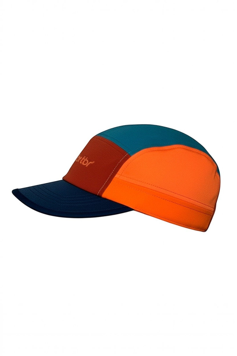 Boné de corrida SPORTBR ultraleve e colorido com painéis em azul, laranja e terracota e aba flexível.