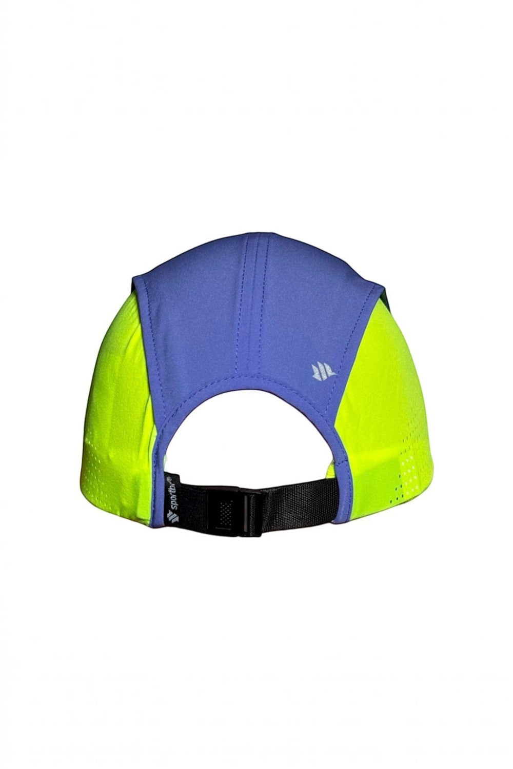 Boné de corrida SPORTBR lilás e amarelo neon, modelo ultraleve com ajuste traseiro e painéis respiráveis.