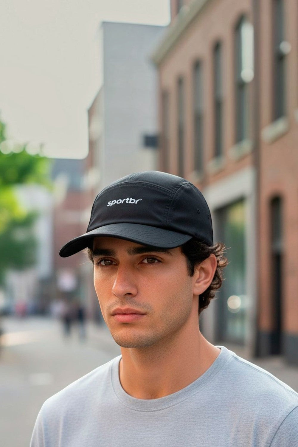 Homem usando boné de corrida preto SPORTBR estilo five panel com tecido respirável e aba flexível em ambiente urbano