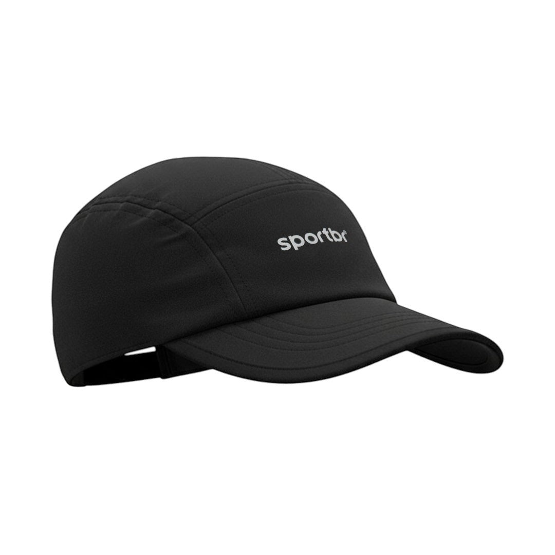 Boné de corrida preto SPORTBR ultra leve com logo discreto e aba flexível. Ideal para treino e competição.