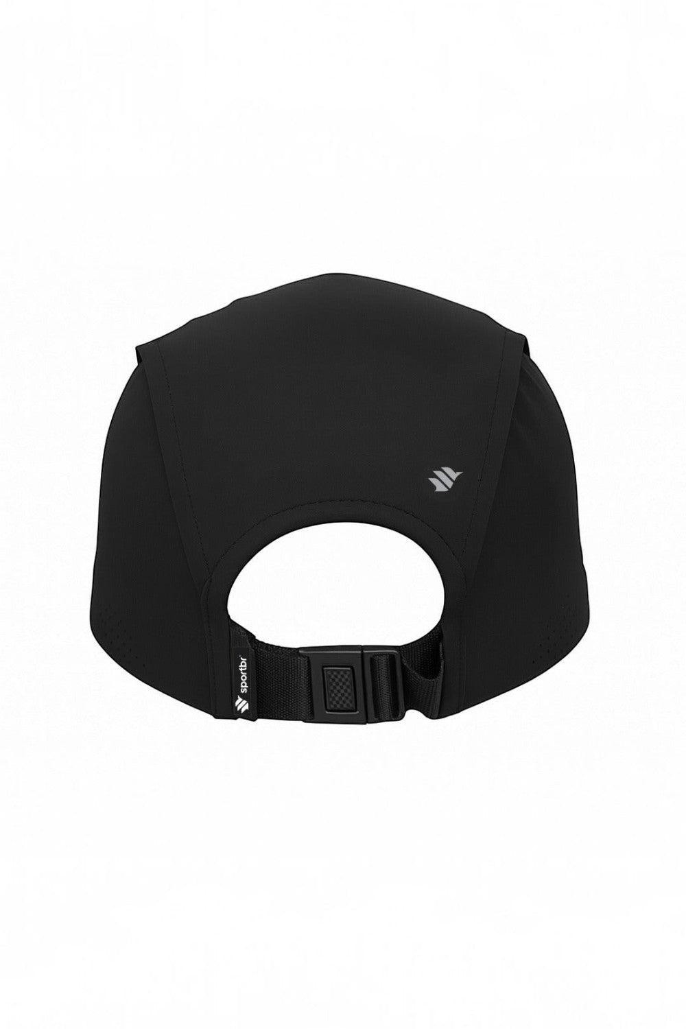 Boné de corrida SPORTBR preto ultraleve com ajuste traseiro e detalhes refletivos, vista posterior.