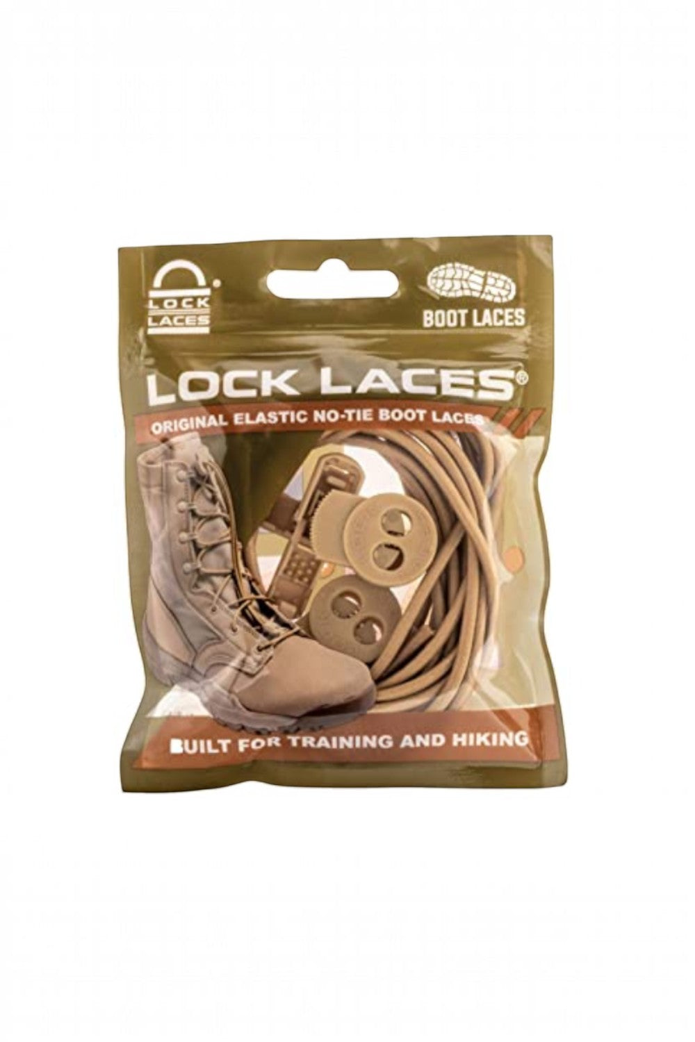 Cadarço elástico bege liso para botas da marca SPORTBR, modelo Lock Laces em embalagem original para trilha e trabalho.