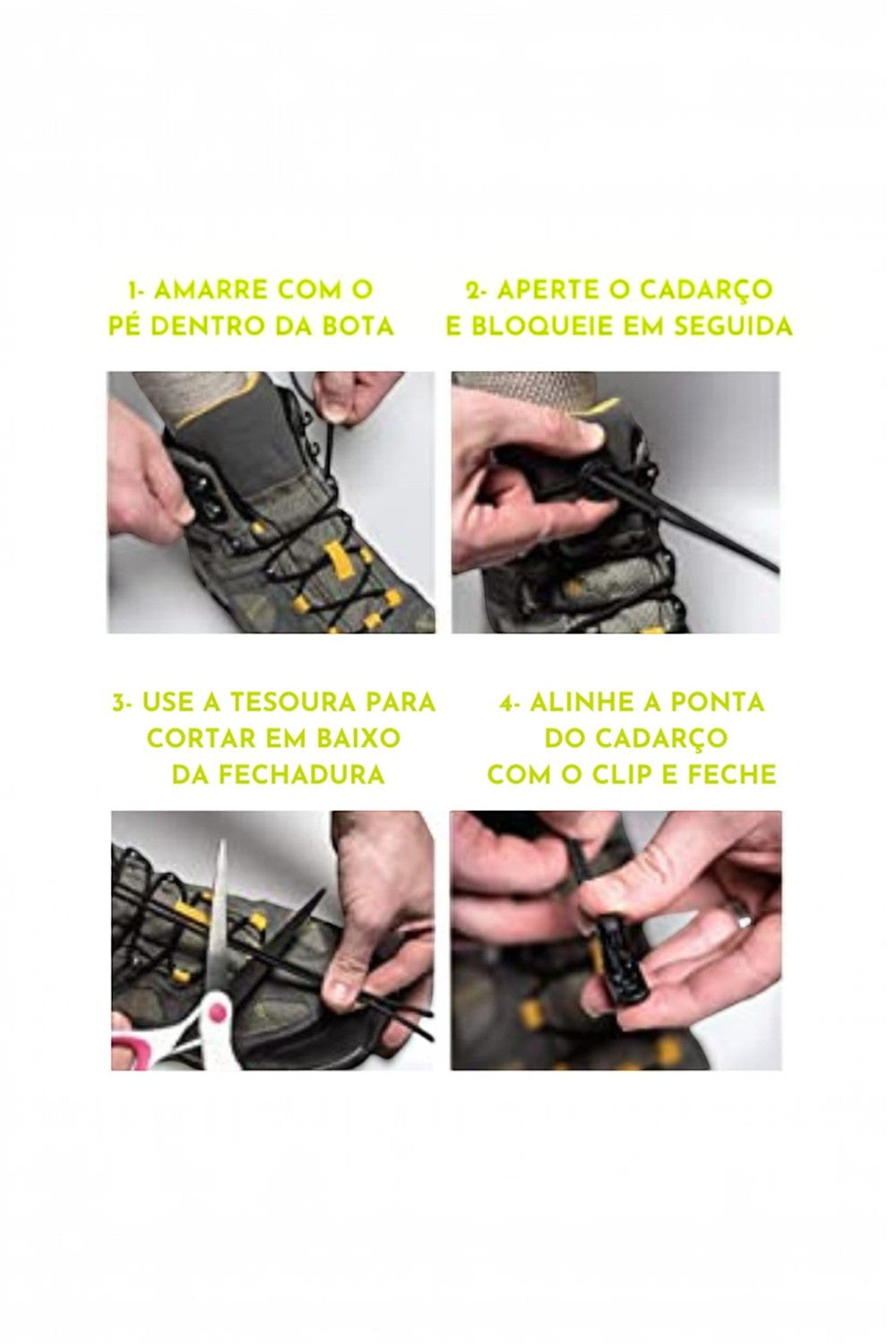 Passo a passo da instalação do cadarço elástico marrom SPORTBR em uma bota, mostrando ajuste, corte e fechamento.