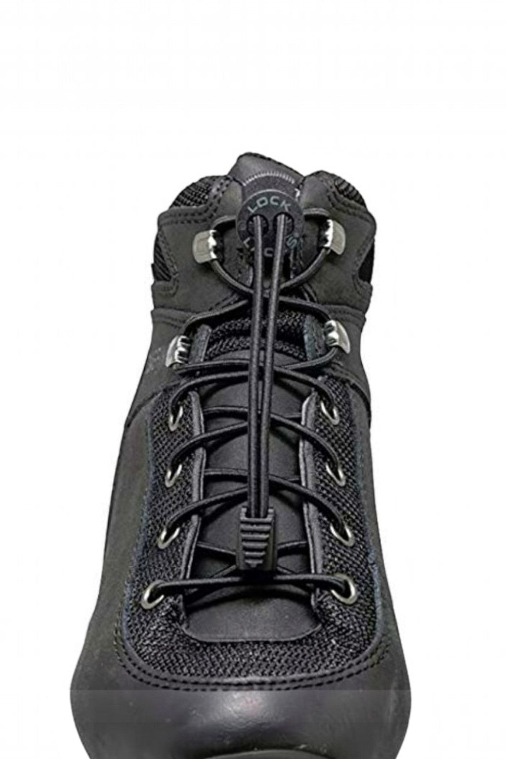 Cadarço elástico preto SPORTBR Lock Laces instalado em bota de trilha com sistema de ajuste rápido e trava