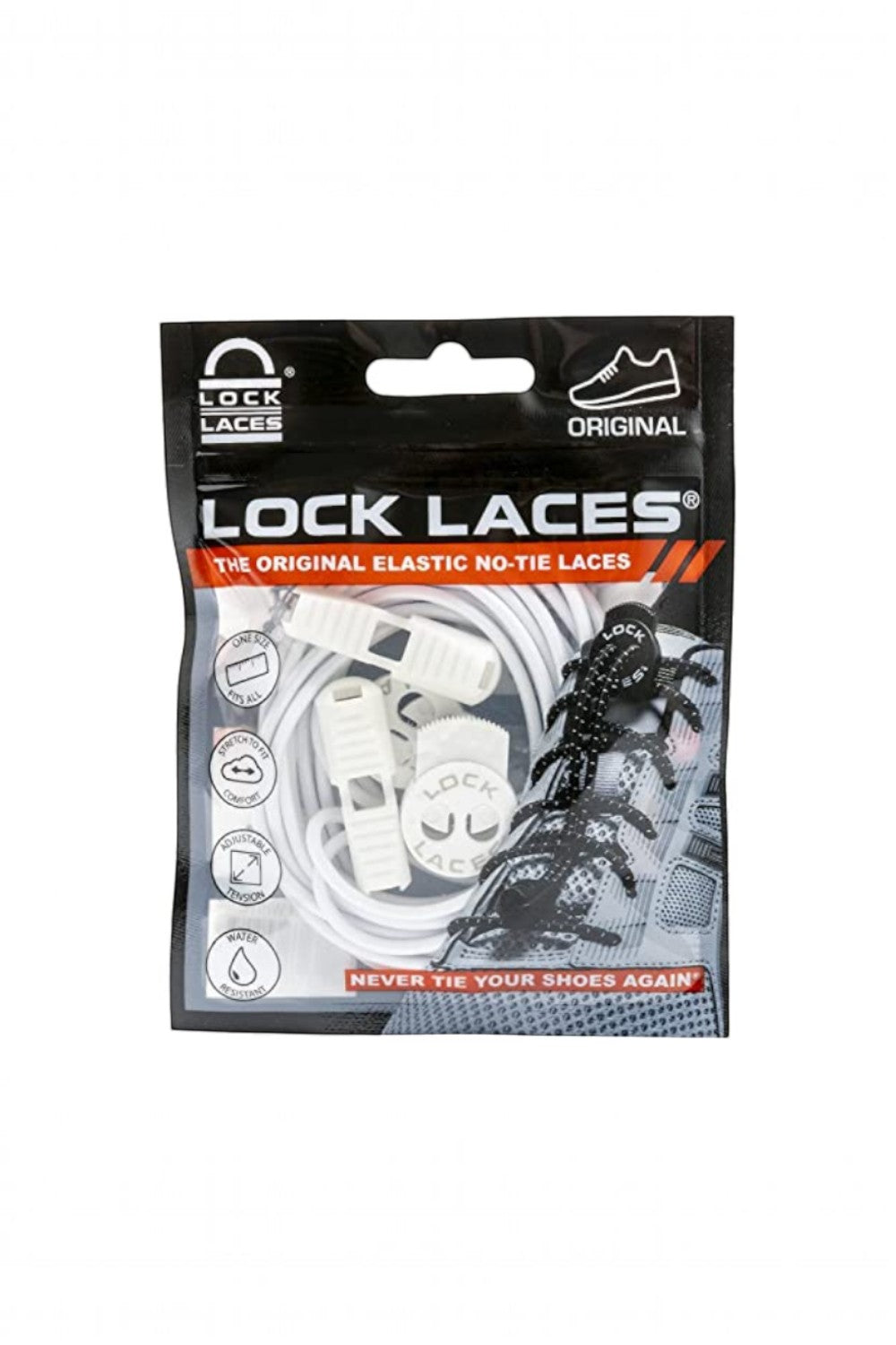 Embalagem do cadarço elástico branco SPORTBR Lock Laces, sistema de ajuste rápido para tênis de corrida.