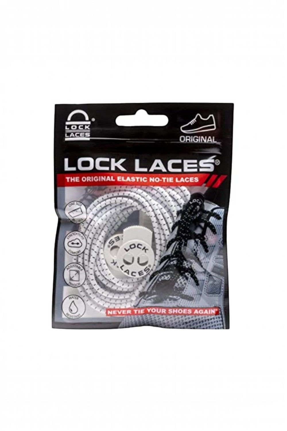Embalagem do cadarço elástico branco Lock Laces da SPORTBR, sistema original de ajuste rápido para tênis.