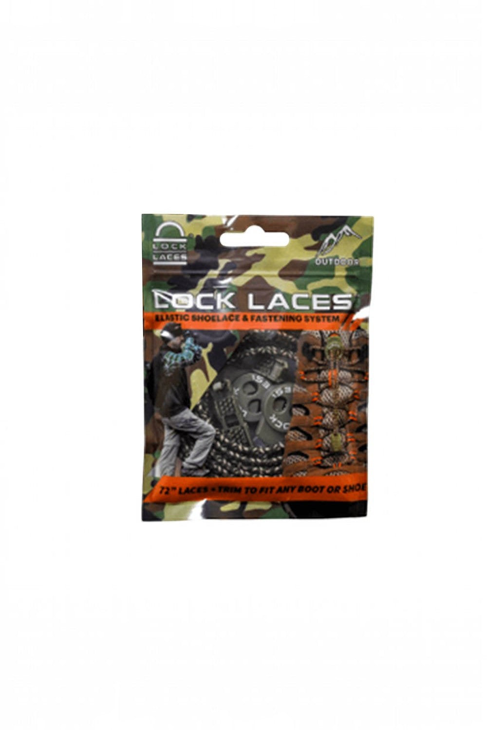 Embalagem do cadarço elástico SPORTBR Lock Laces na cor camuflada para botas, sistema de ajuste rápido e prático.
