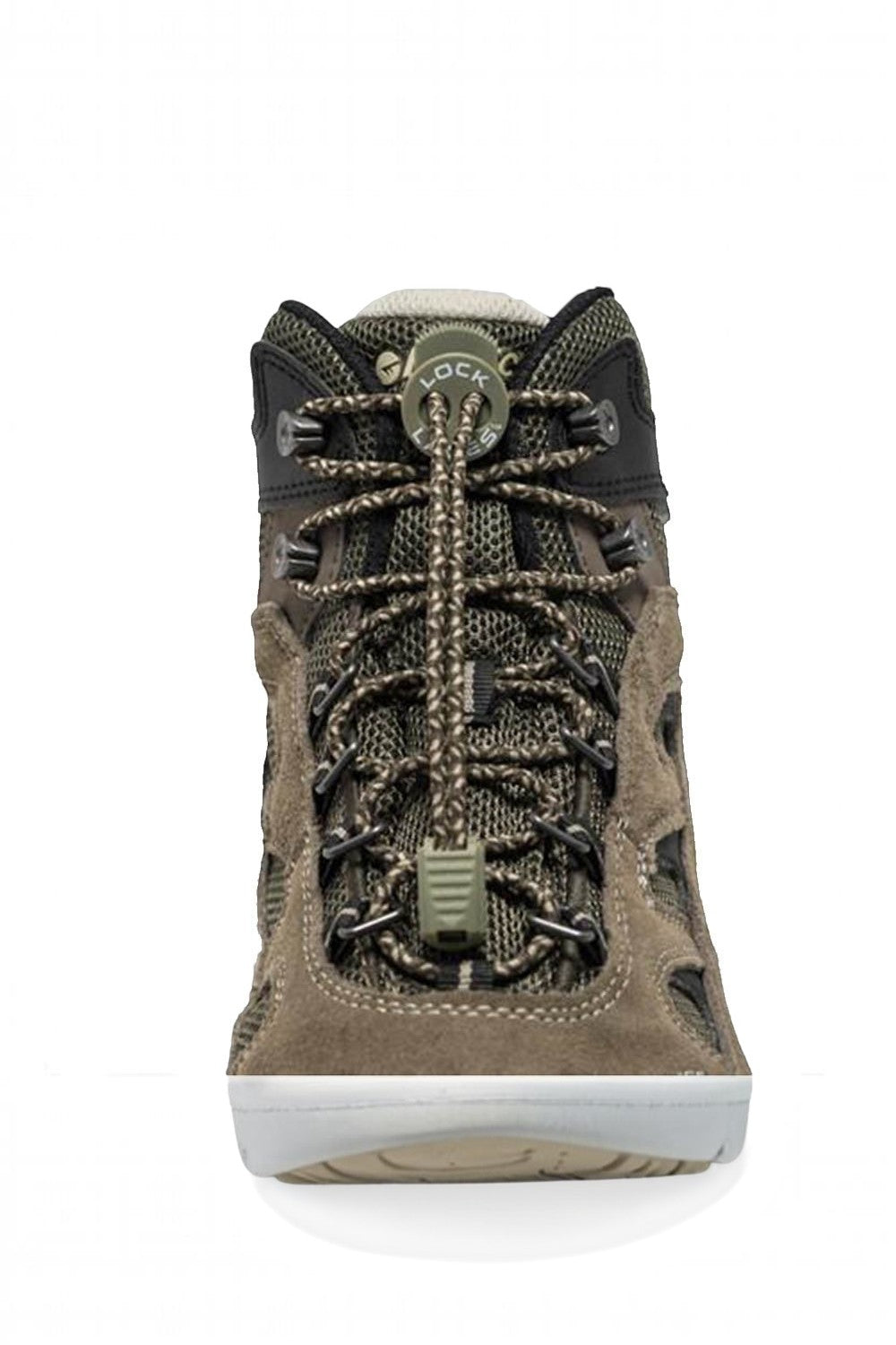 Cadarço elástico SPORTBR Lock Laces camuflado instalado em bota de trilha para ajuste rápido e confortável