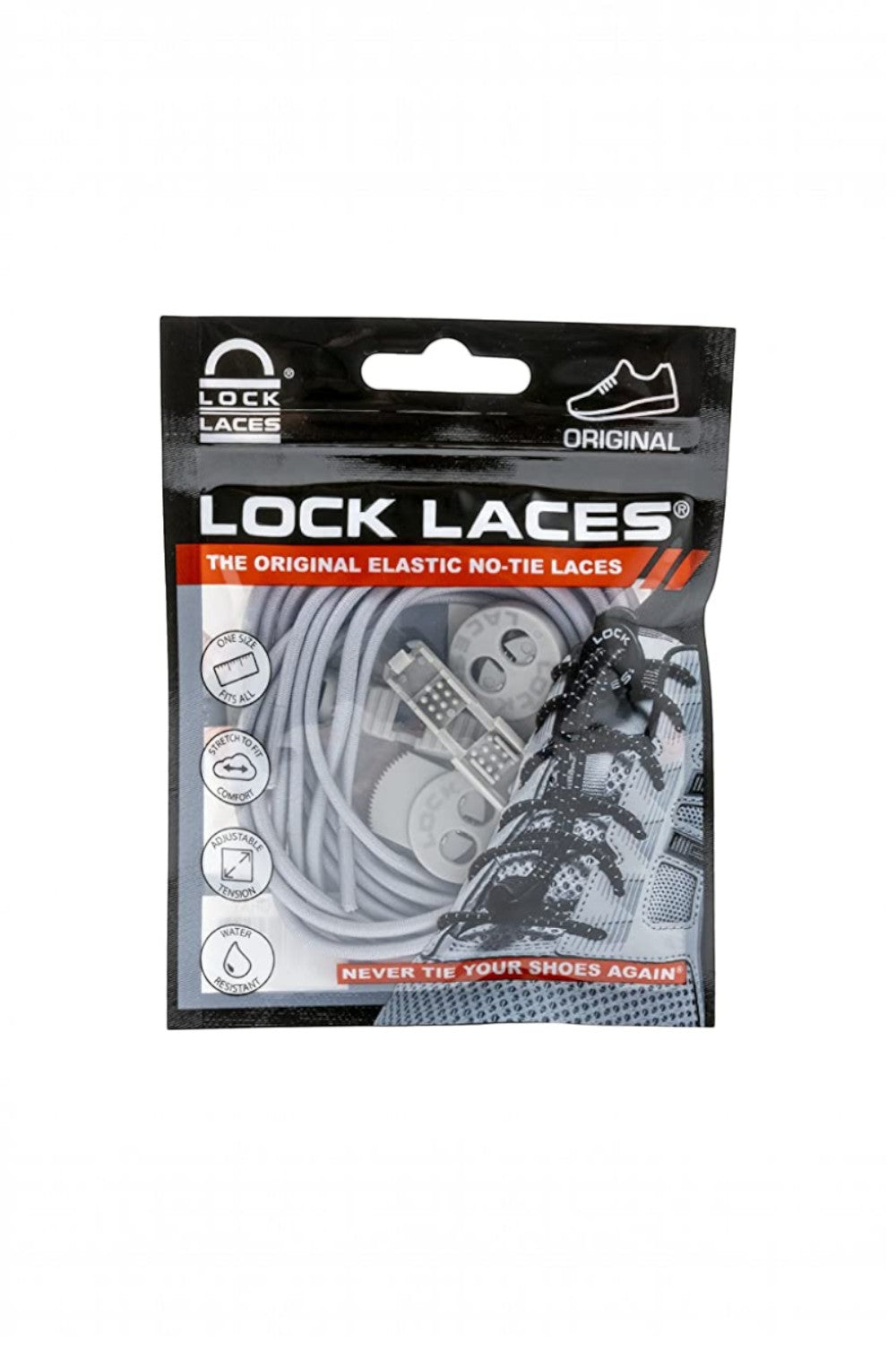 Embalagem do cadarço elástico cinza SPORTBR Lock Laces, sistema original de ajuste rápido para tênis de corrida.