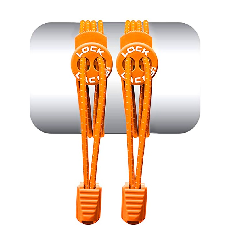 Cadarço elástico laranja Lock Laces com fechos e clipes de acabamento, ideal para corrida e uso diário.