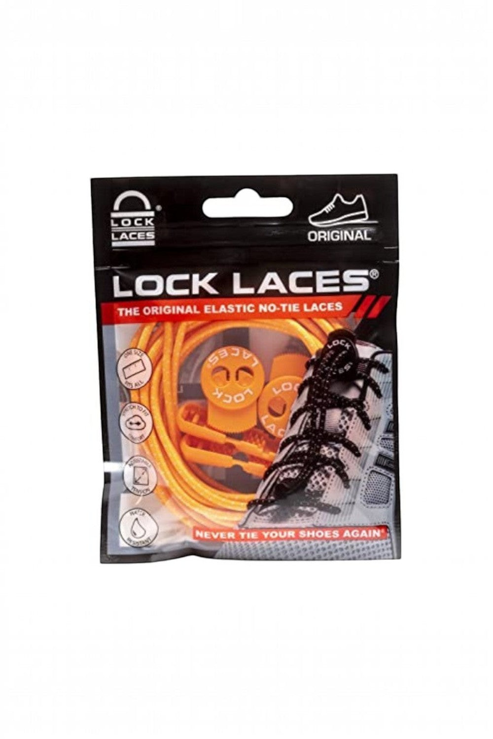 Embalagem do cadarço elástico laranja SPORTBR Lock Laces, sistema de ajuste rápido para tênis de corrida.