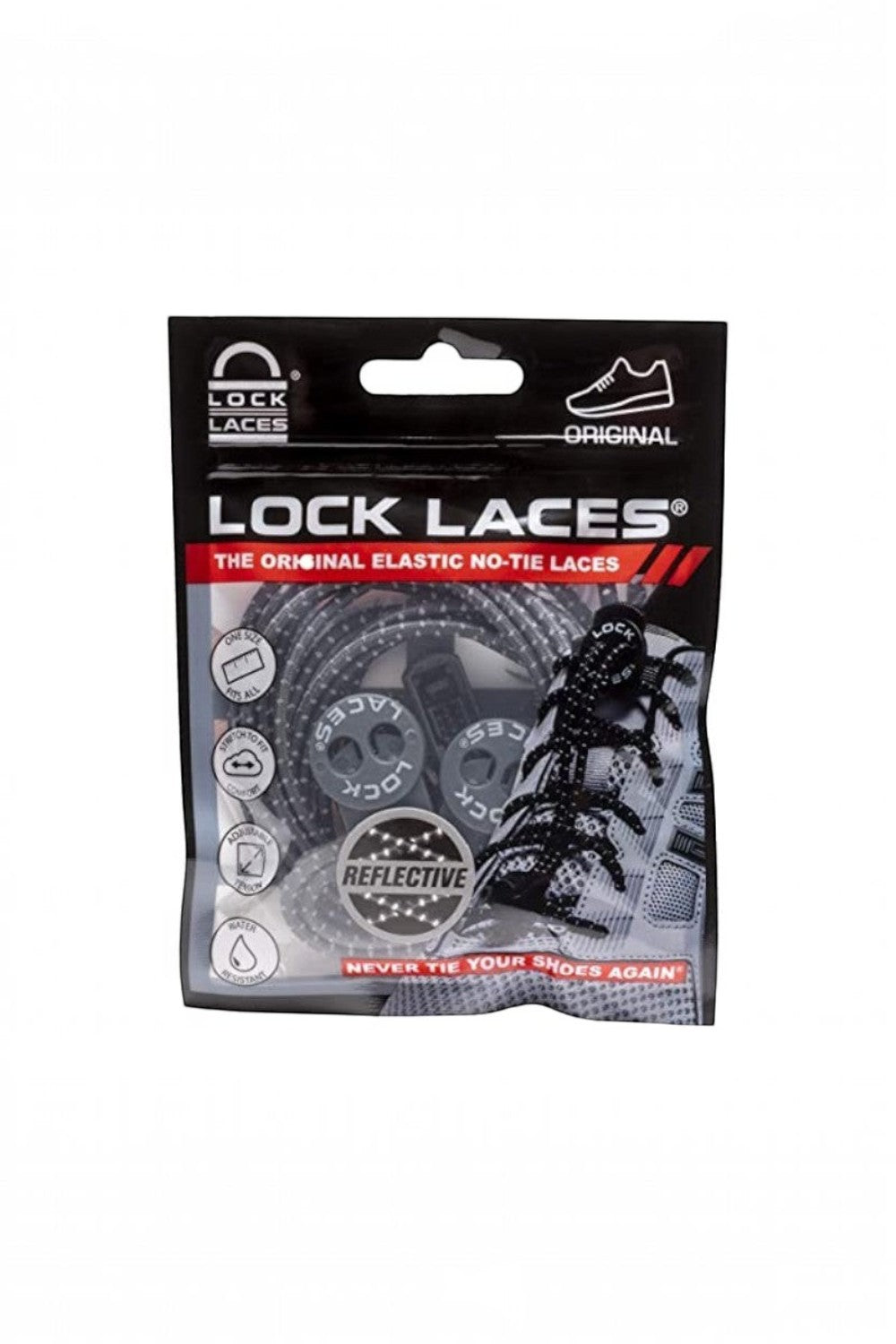 Embalagem do cadarço elástico refletivo cinza SPORTBR Lock Laces para tênis, ideal para corrida e triathlon.