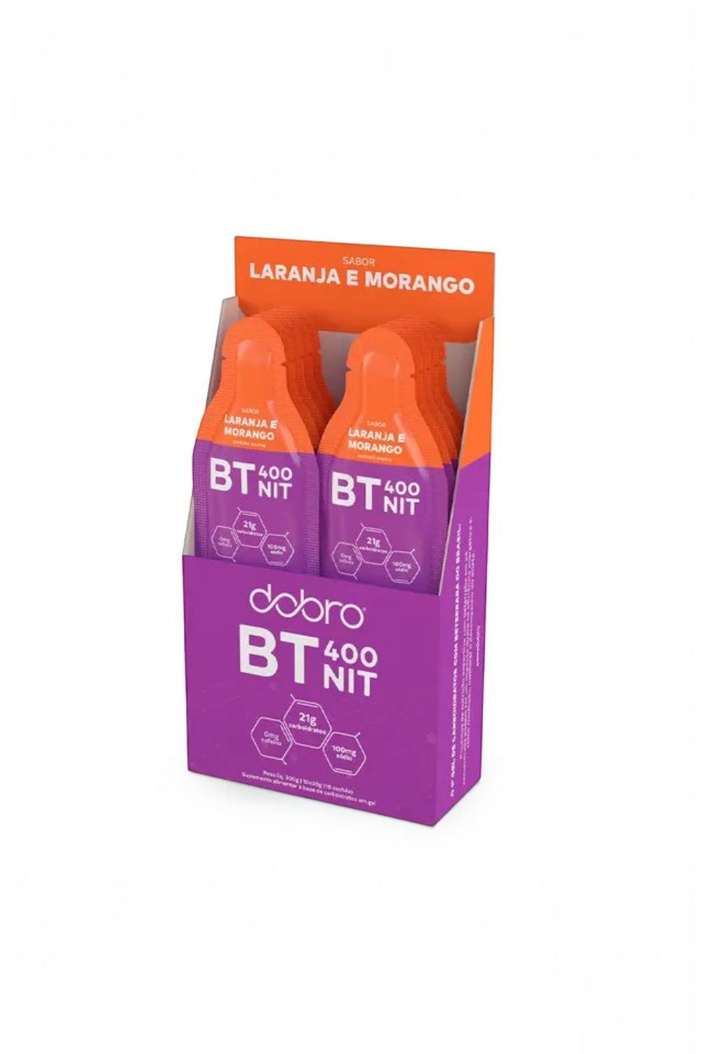 Caixa com 10 sachês de BT Nitrato Gel SPORTBR sabor laranja e morango, suplemento energético para performance.