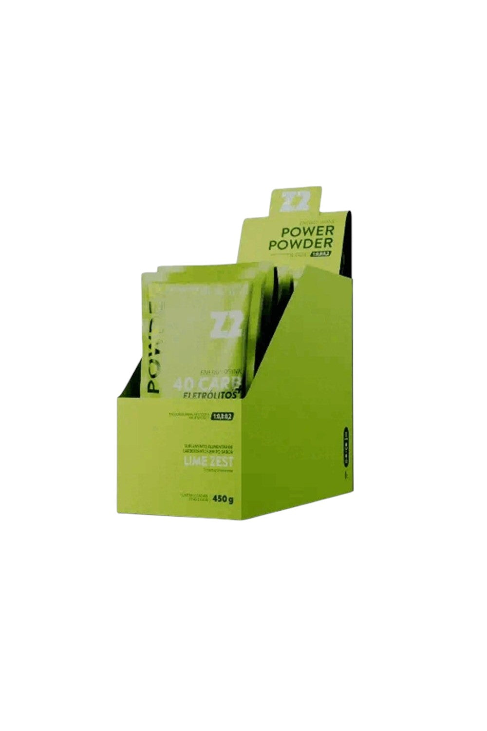 Caixa SPORTBR com 10 sachês de energy drink Power Powder Z2+ sabor Lime Zest, ideal para reposição de eletrólitos.