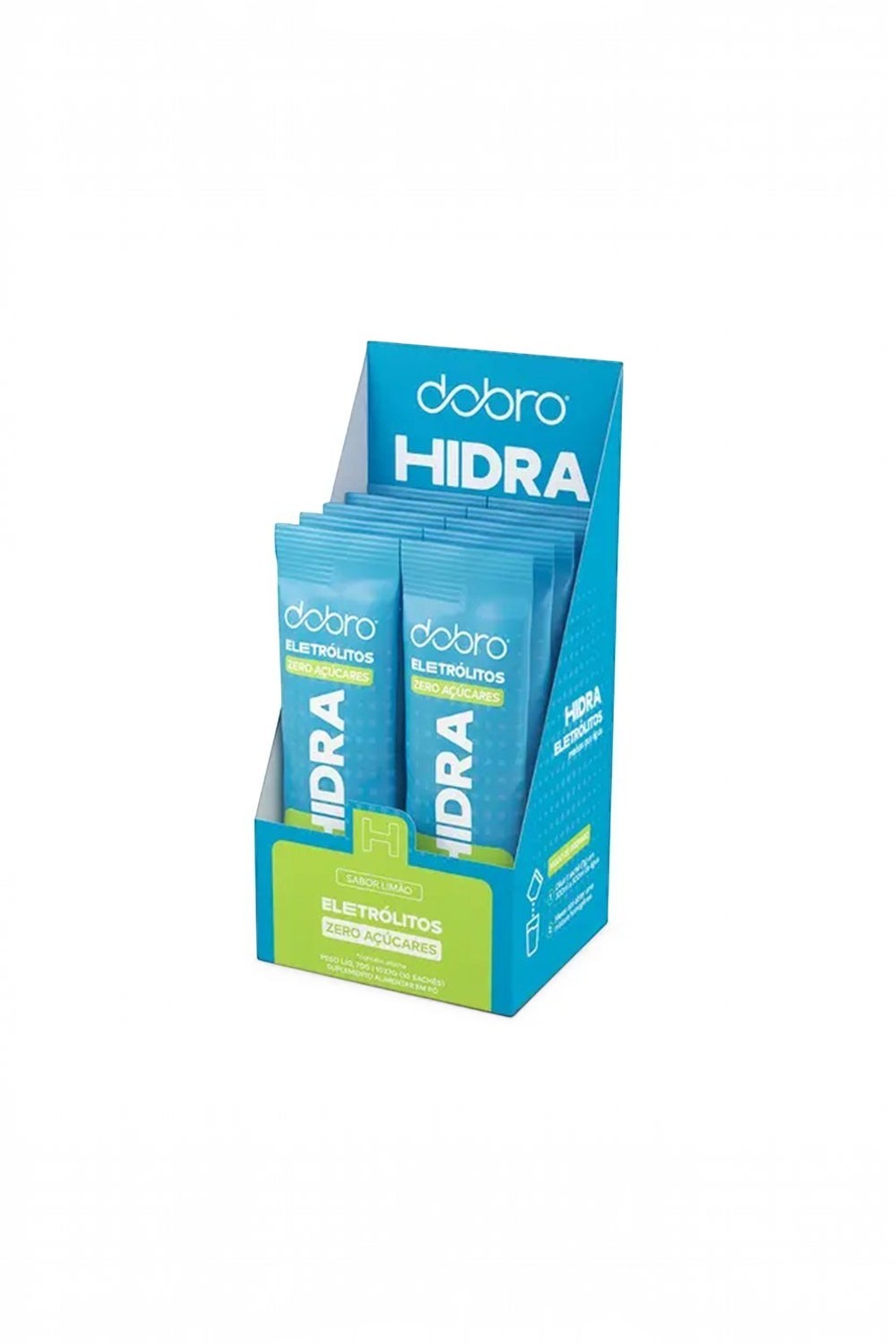 Caixa expositora SPORTBR com 10 sachês de eletrólitos em pó Dobro sabor limão, embalagem azul prática para hidratação.