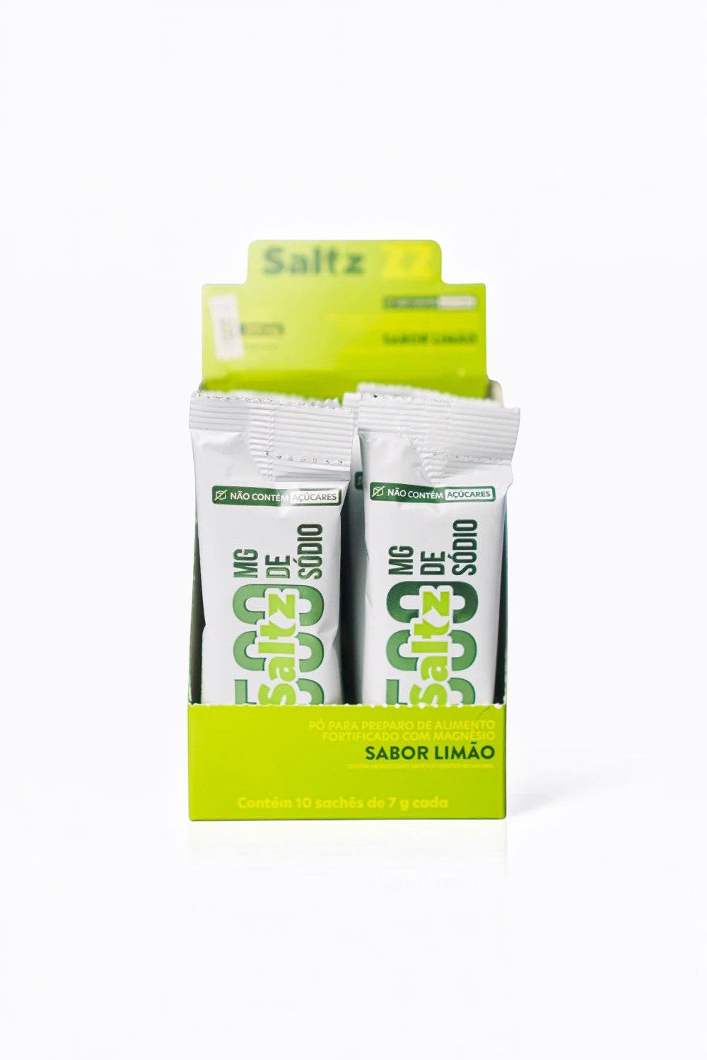 Caixa SPORTBR com 10 sachês de repositor eletrolítico Saltz 500 Z2 sabor limão, ideal para hidratação esportiva.