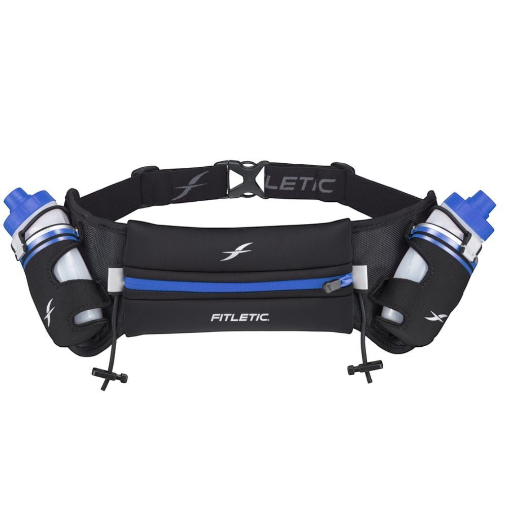 Cinto de hidratação SPORTBR Hydra 16 azul com duas garrafas, bolso com zíper e ajuste para corrida.