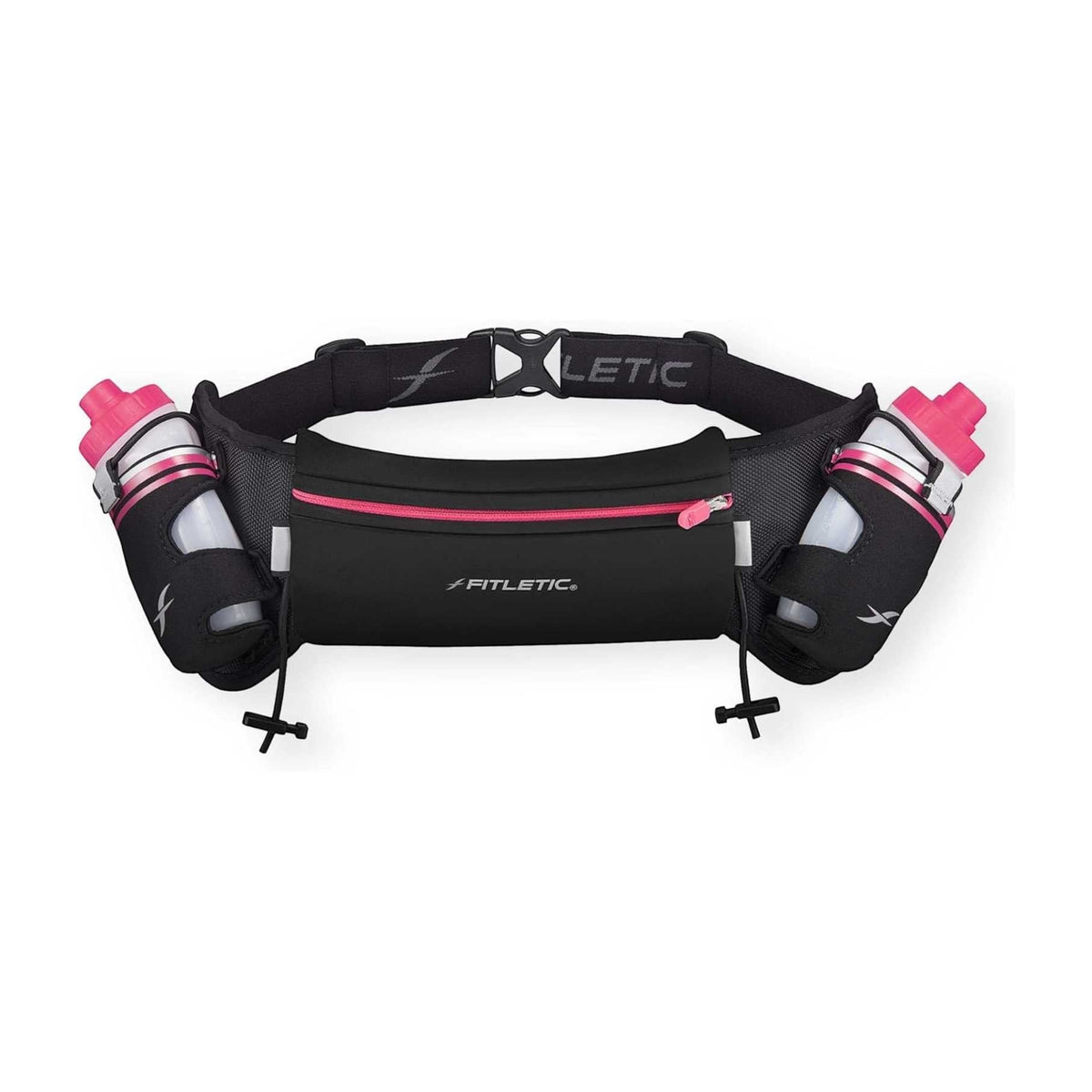 Cinto de hidratação SPORTBR Hydra 16 preto com detalhes rosa, duas garrafas e bolso para corrida.