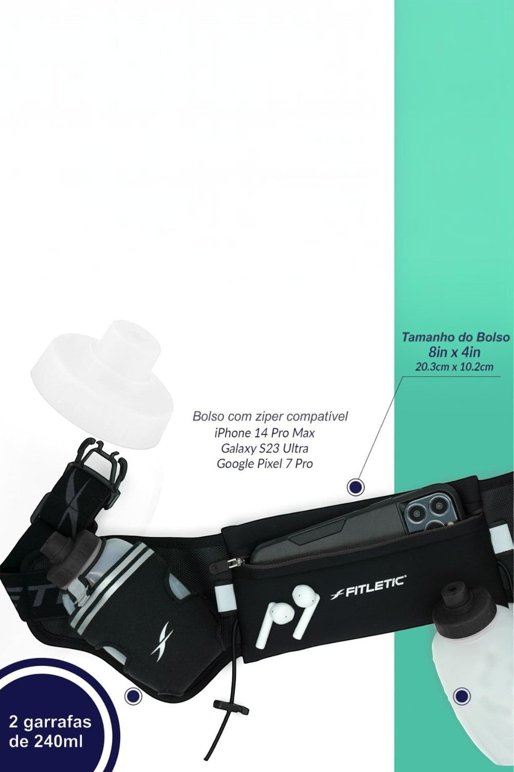 Cinto de hidratação SPORTBR Fitletic Hydra 16 preto com duas garrafas, bolso para celular e porta géis.