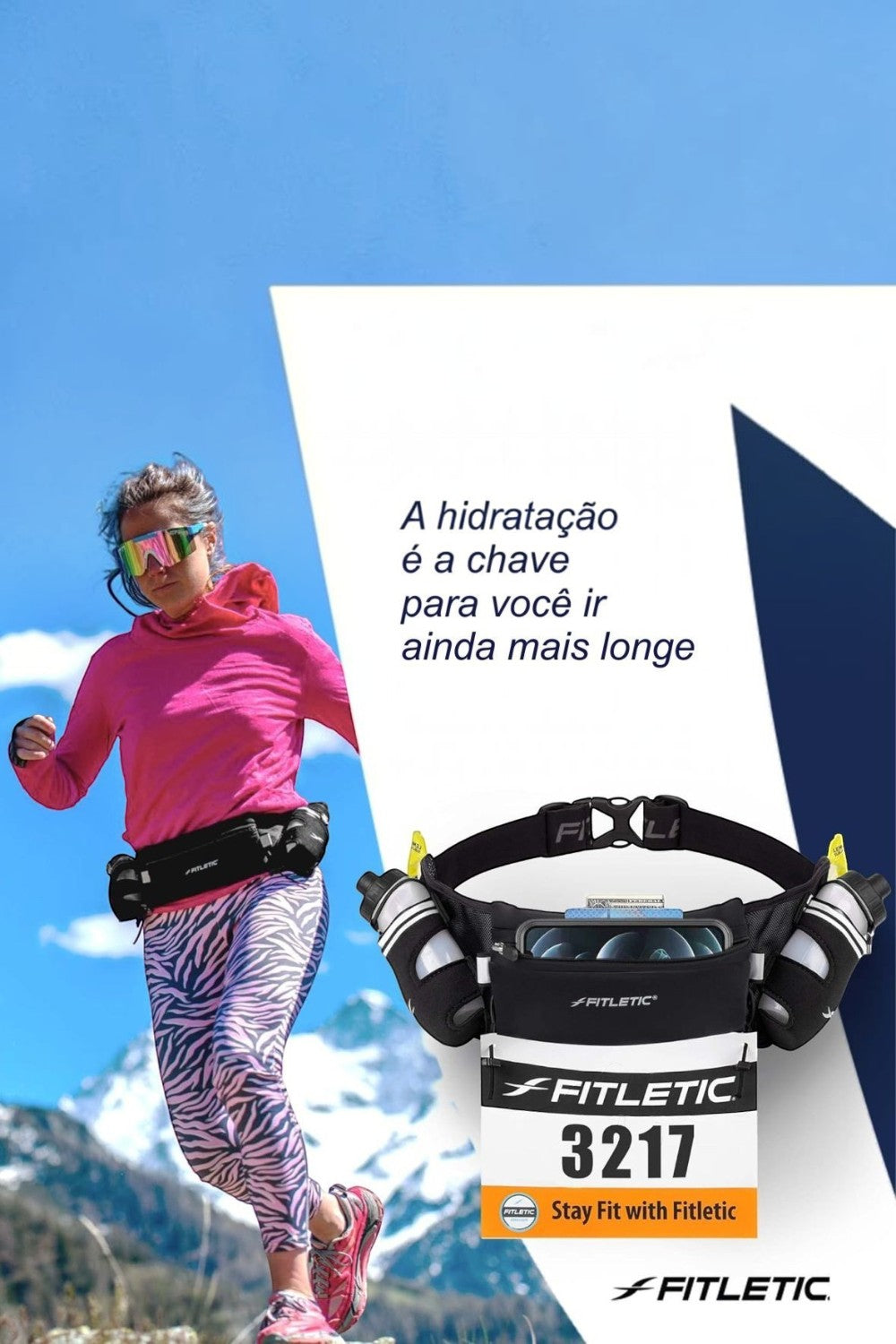 Corredora usando cinto de hidratação preto SPORTBR Fitletic Hydra 16 com garrafas e porta número em montanha