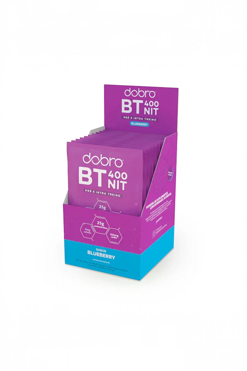 Caixa com 10 sachês de suplemento pré e intra treino SPORTBR Dobro BT Nitrato sabor blueberry na cor roxa