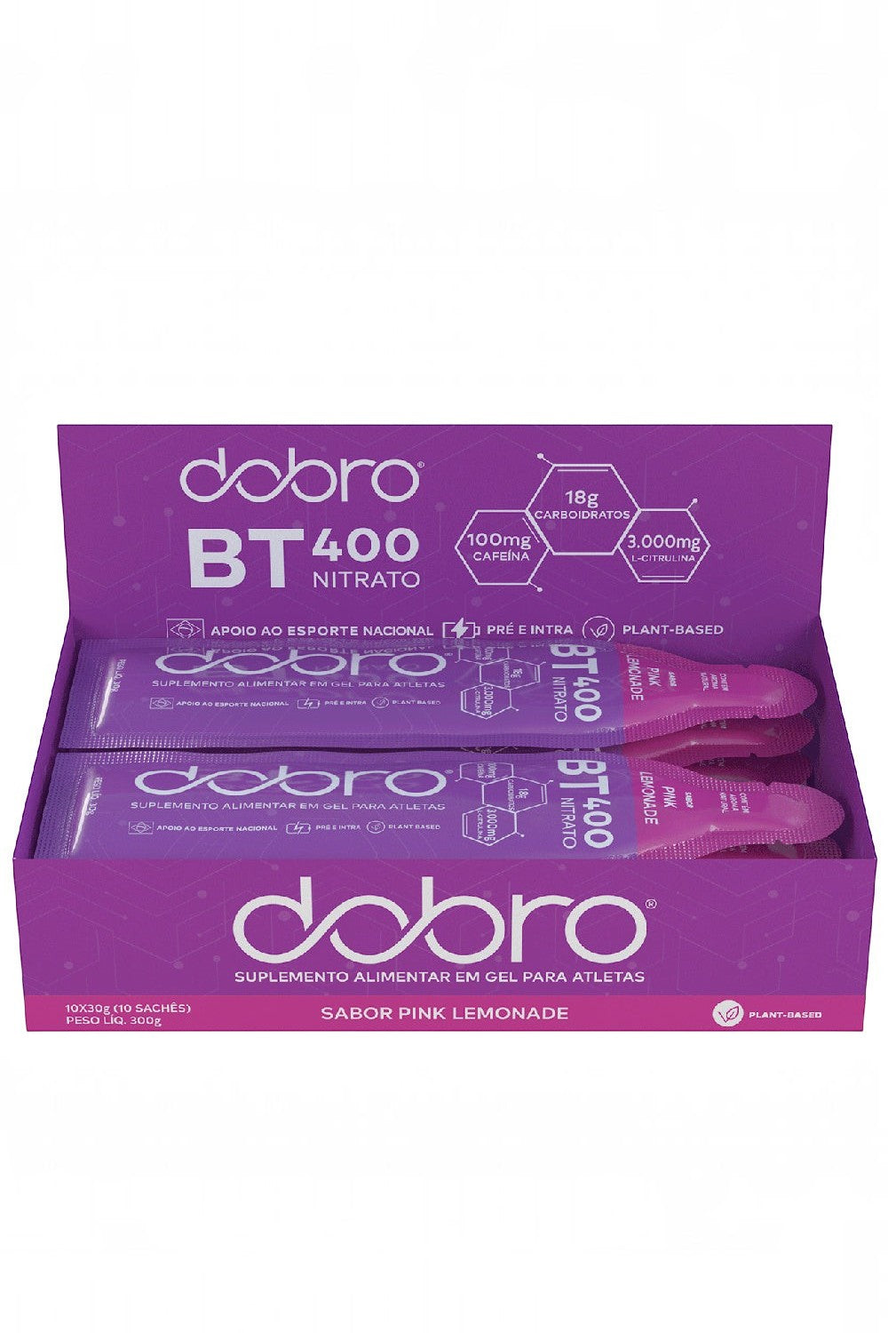 Caixa com 10 sachês de gel de carboidrato SPORTBR Dobro BT Nitrato sabor Pink Lemonade para performance esportiva