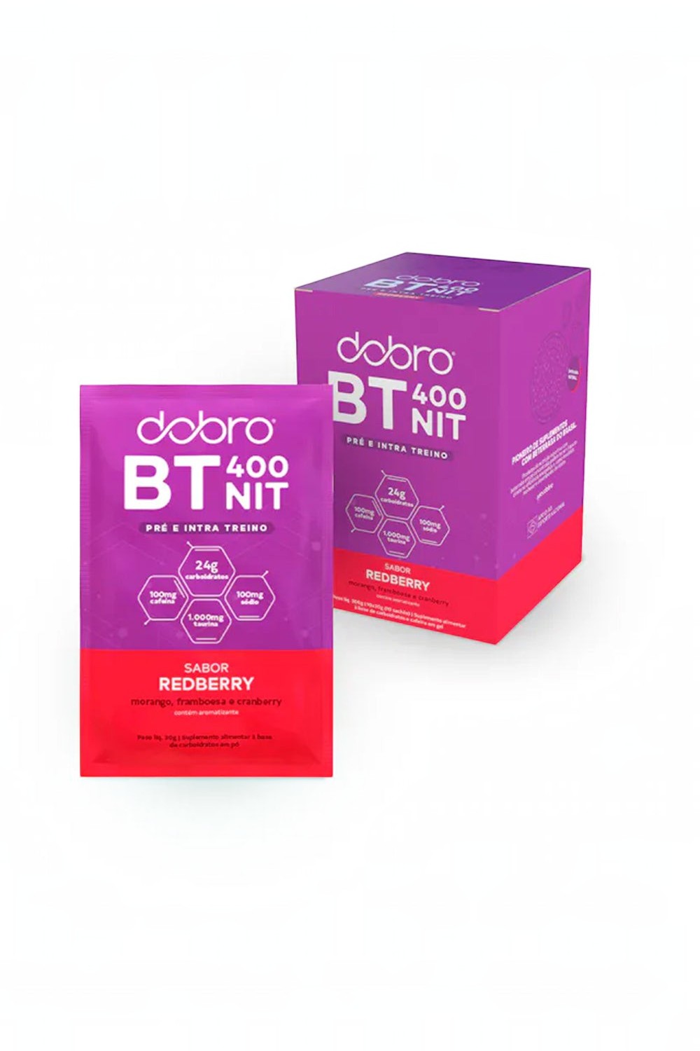 Sachê e caixa de suplemento pré-treino SPORTBR Dobro BT Nitrato sabor Redberry em embalagem roxa e vermelha