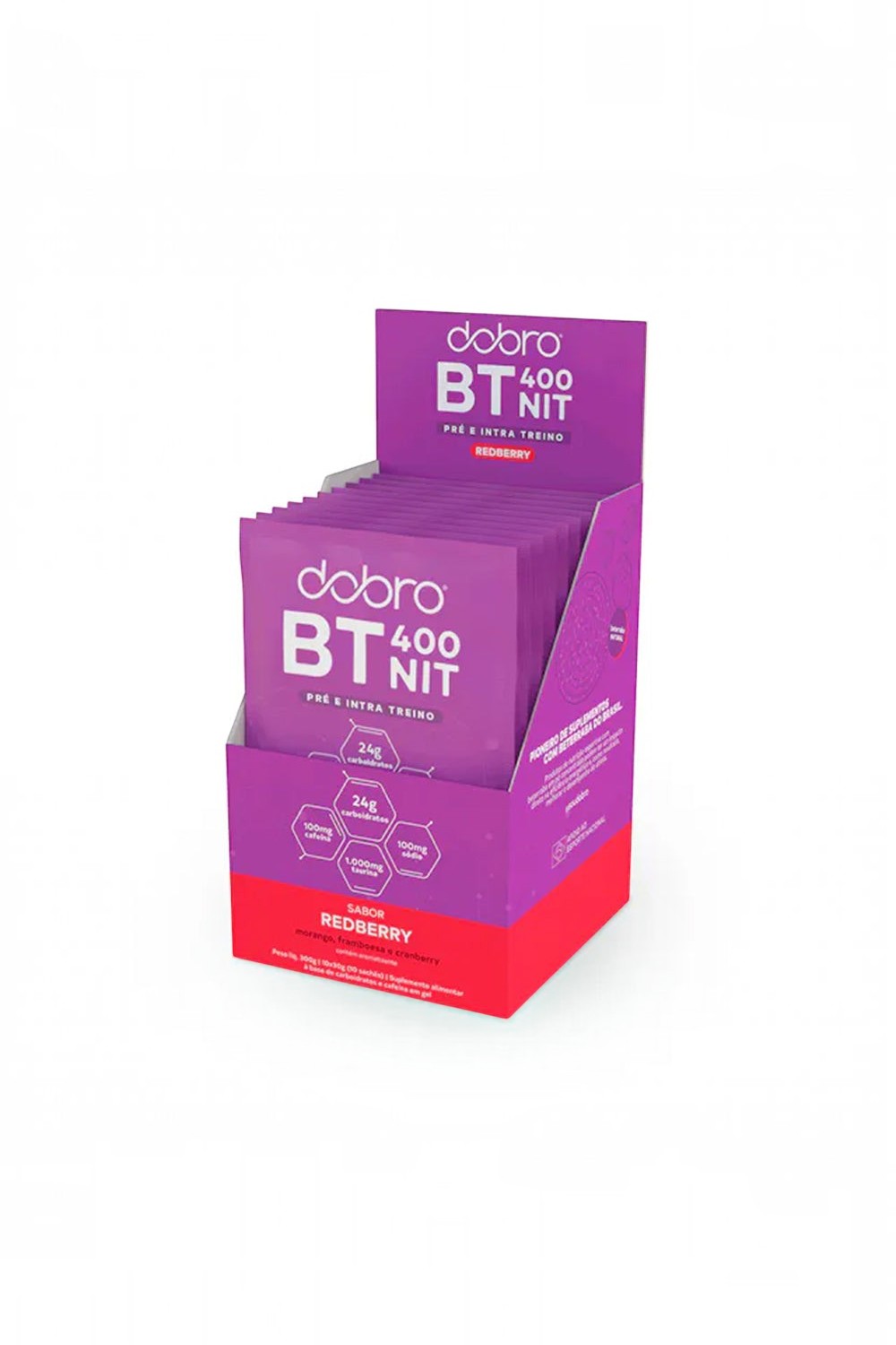 Caixa de suplemento pré-treino SPORTBR Dobro BT Nitrato sabor Redberry com 10 sachês individuais roxos.