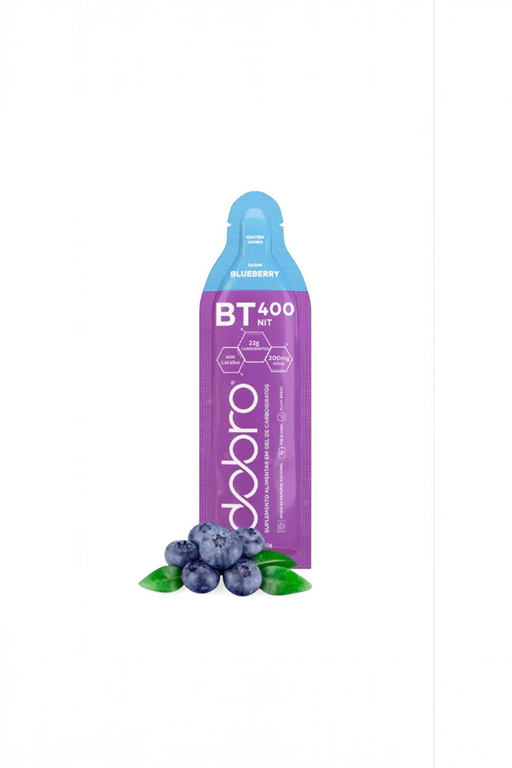 Sachê de gel de carboidrato SPORTBR Dobro BT Nitrato sabor blueberry com 30g, ideal para performance esportiva.