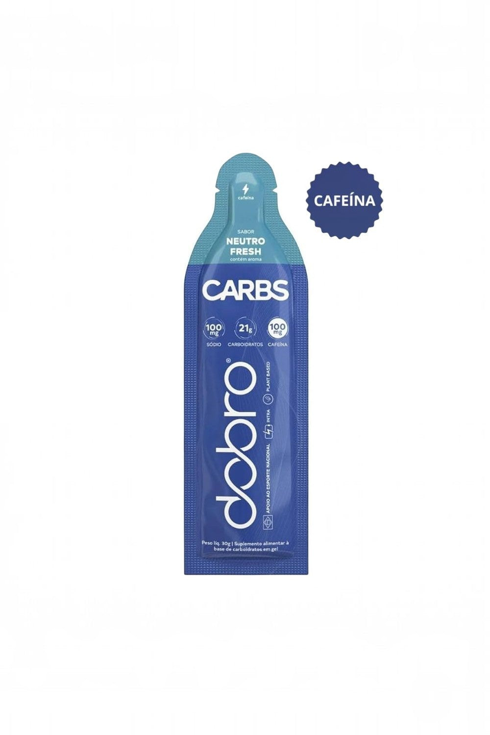Sachê de gel de carboidrato SPORTBR Dobro sabor Neutro Fresh com cafeína e eletrólitos em embalagem azul de 30g
