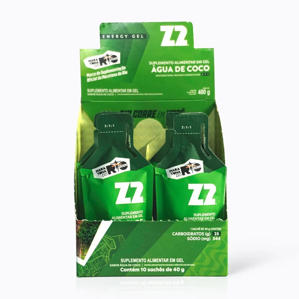 Caixa com 10 sachês de Energy Gel Z2 sabor Água de Coco, suplemento alimentar em gel para corredores da Maratona do Rio.