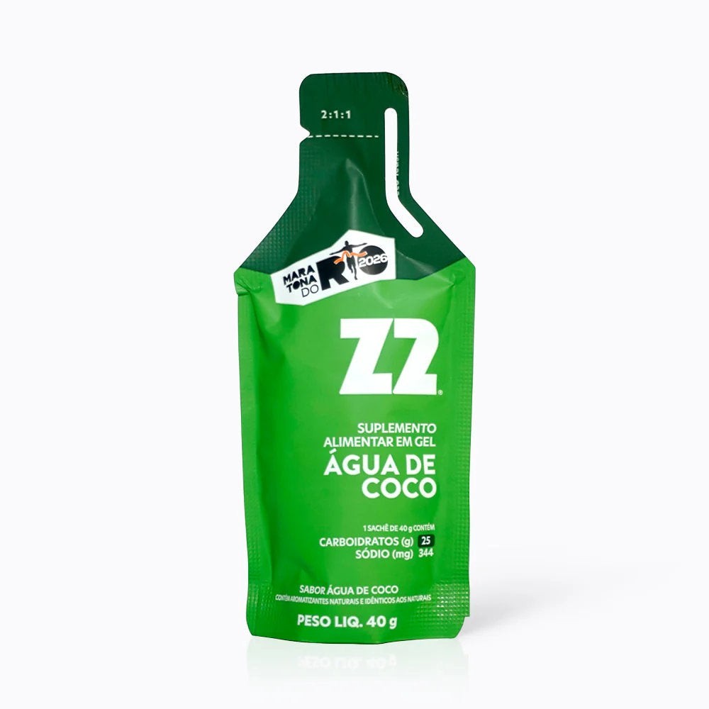 Sachê de gel energético Z2 Sabor Água de Coco da Maratona do Rio 40g, com 25g de carboidratos e 344mg de sódio. Ideal para corredores.